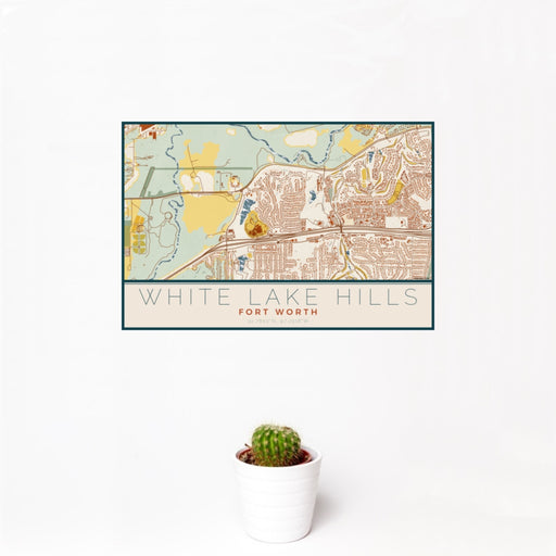 12x18 White Lake Hills Fort Worth Map Print Landscape Orientation in Woodblock Style With Small Cactus Plant in White Planter