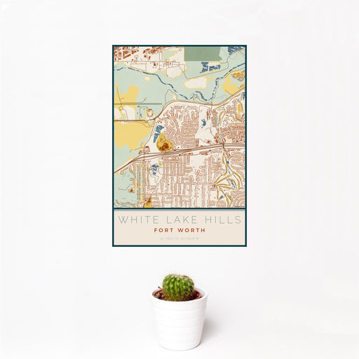 12x18 White Lake Hills Fort Worth Map Print Portrait Orientation in Woodblock Style With Small Cactus Plant in White Planter