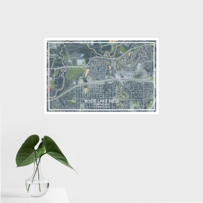 16x24 White Lake Hills Fort Worth Map Print Landscape Orientation in Afternoon Style With Tropical Plant Leaves in Water