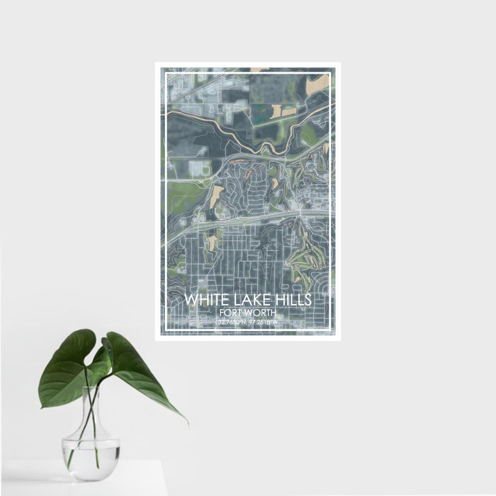 16x24 White Lake Hills Fort Worth Map Print Portrait Orientation in Afternoon Style With Tropical Plant Leaves in Water