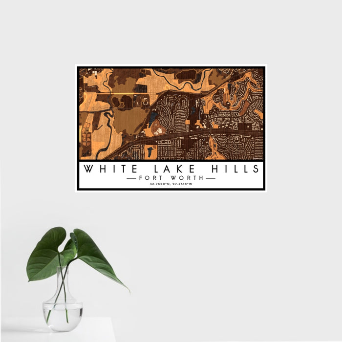 16x24 White Lake Hills Fort Worth Map Print Landscape Orientation in Ember Style With Tropical Plant Leaves in Water