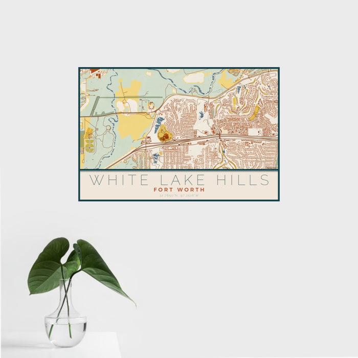 16x24 White Lake Hills Fort Worth Map Print Landscape Orientation in Woodblock Style With Tropical Plant Leaves in Water