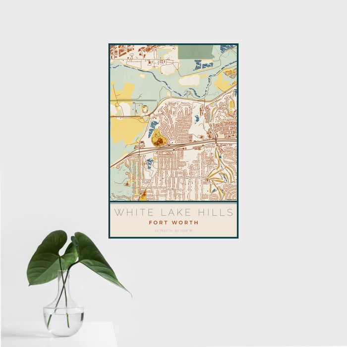 16x24 White Lake Hills Fort Worth Map Print Portrait Orientation in Woodblock Style With Tropical Plant Leaves in Water