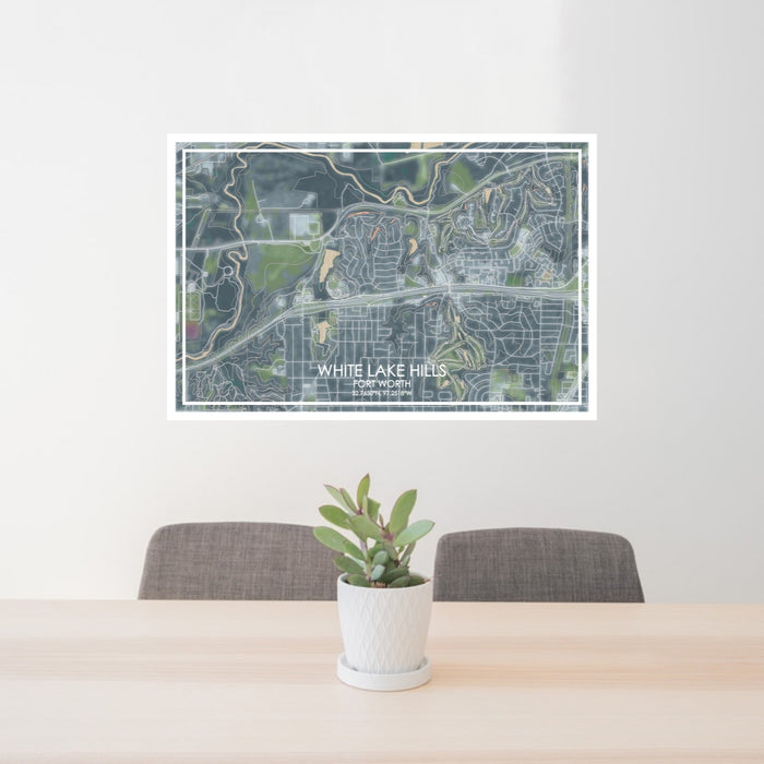 24x36 White Lake Hills Fort Worth Map Print Lanscape Orientation in Afternoon Style Behind 2 Chairs Table and Potted Plant