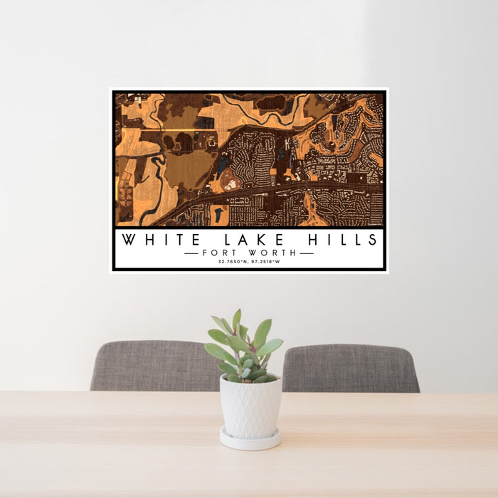 24x36 White Lake Hills Fort Worth Map Print Lanscape Orientation in Ember Style Behind 2 Chairs Table and Potted Plant