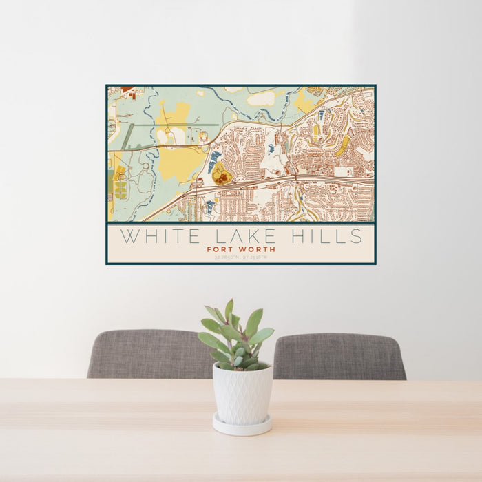 24x36 White Lake Hills Fort Worth Map Print Lanscape Orientation in Woodblock Style Behind 2 Chairs Table and Potted Plant
