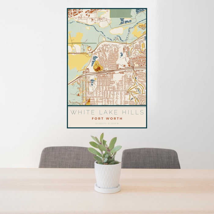 24x36 White Lake Hills Fort Worth Map Print Portrait Orientation in Woodblock Style Behind 2 Chairs Table and Potted Plant