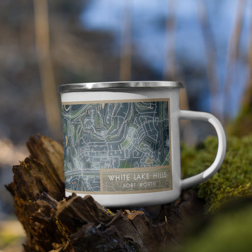 Right View Custom White Lake Hills Fort Worth Map Enamel Mug in Afternoon on Grass With Trees in Background