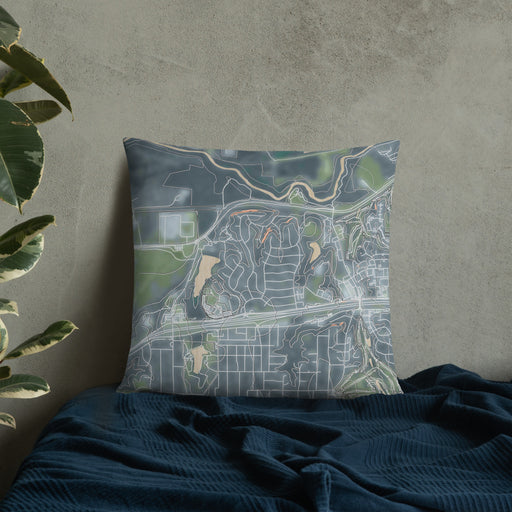 Custom White Lake Hills Fort Worth Map Throw Pillow in Afternoon on Bedding Against Wall