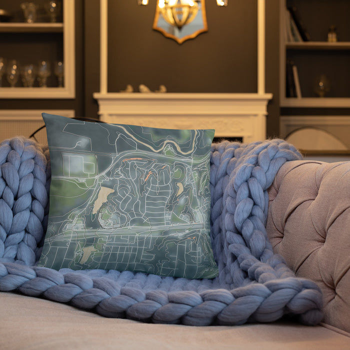 Custom White Lake Hills Fort Worth Map Throw Pillow in Afternoon on Cream Colored Couch