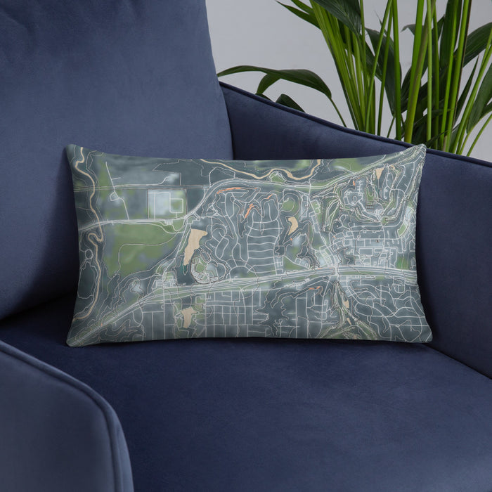 Custom White Lake Hills Fort Worth Map Throw Pillow in Afternoon on Blue Colored Chair