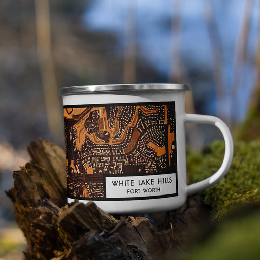Right View Custom White Lake Hills Fort Worth Map Enamel Mug in Ember on Grass With Trees in Background