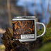 Right View Custom White Lake Hills Fort Worth Map Enamel Mug in Ember on Grass With Trees in Background