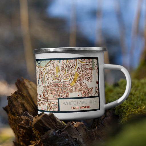 Right View Custom White Lake Hills Fort Worth Map Enamel Mug in Woodblock on Grass With Trees in Background