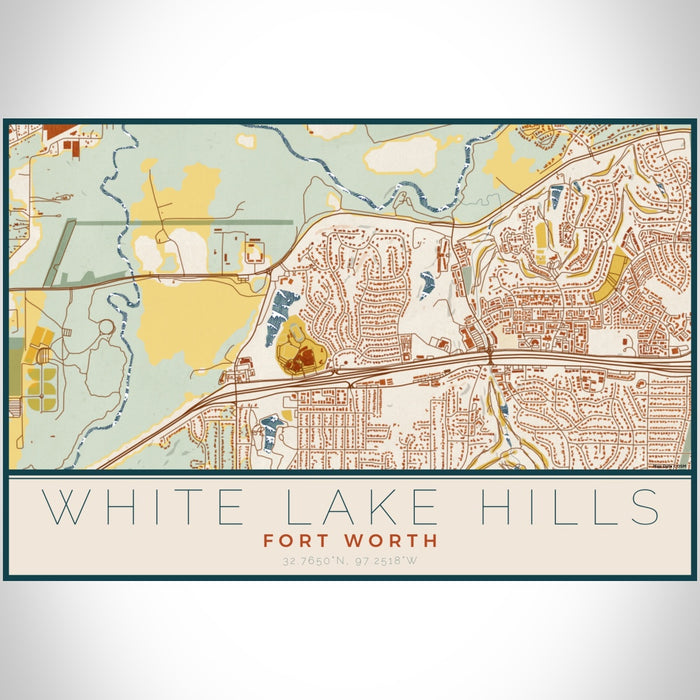 White Lake Hills Fort Worth Map Print Landscape Orientation in Woodblock Style With Shaded Background