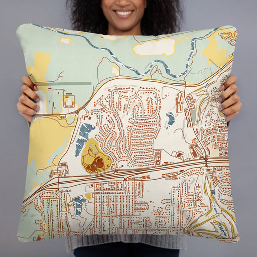 Person holding 22x22 Custom White Lake Hills Fort Worth Map Throw Pillow in Woodblock