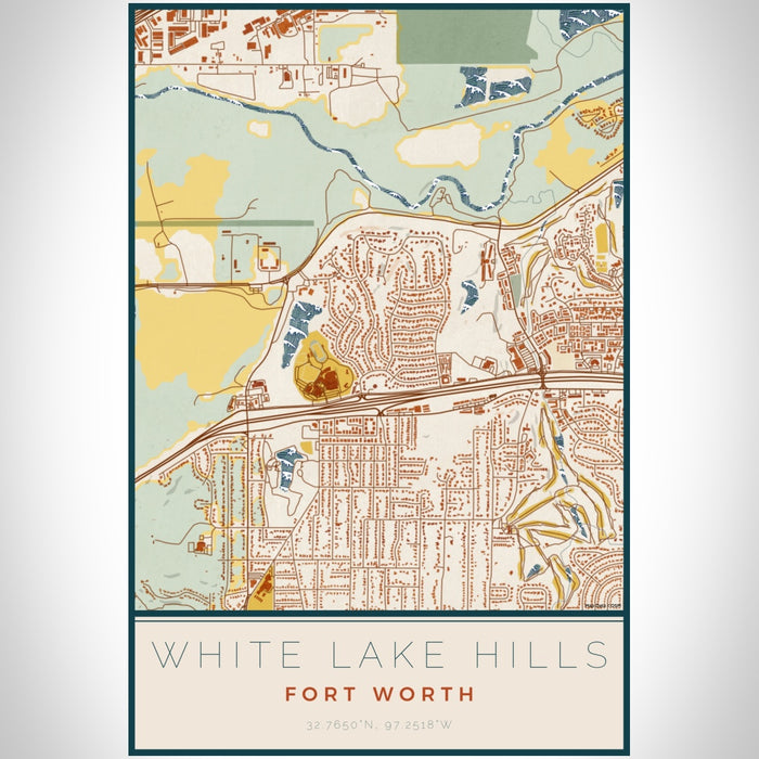 White Lake Hills Fort Worth Map Print Portrait Orientation in Woodblock Style With Shaded Background