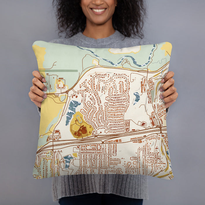 Person holding 18x18 Custom White Lake Hills Fort Worth Map Throw Pillow in Woodblock