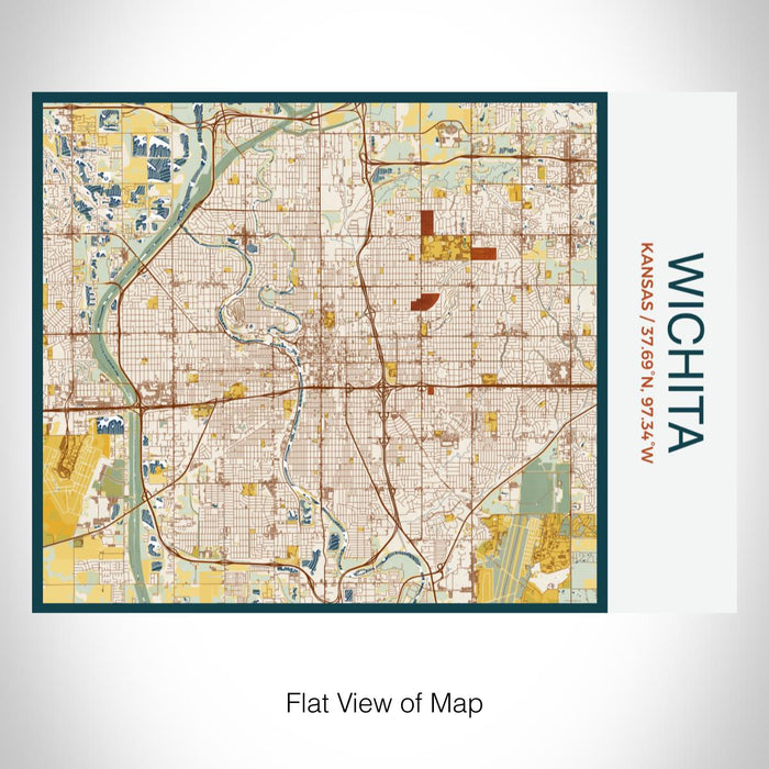 Rendered View of Wichita Kansas Map on 20oz Stainless Steel Insulated Bottle with Bamboo Top with printed woodblock style map