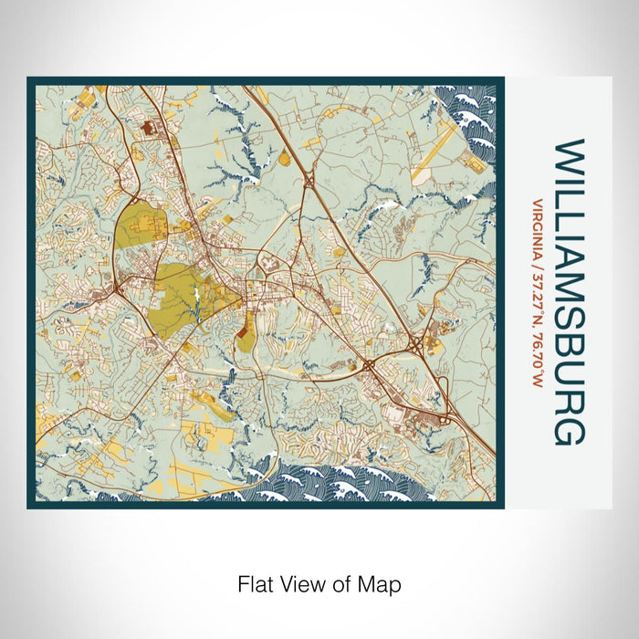 Rendered View of Williamsburg Virginia Map on 20oz Stainless Steel Insulated Bottle with Bamboo Top with printed woodblock style map