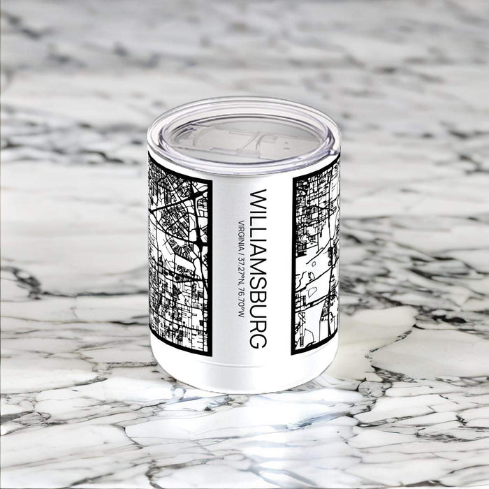 Williamsburg Virginia Custom City Map Inscription Coordinates on 10oz Stainless Steel Insulated Cup in Matte White with Sliding Lid