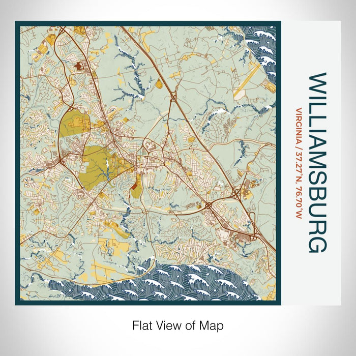 Rendered View of Williamsburg Virginia Map on 17oz Stainless Steel Insulated Tumbler in Woodblock Map Style