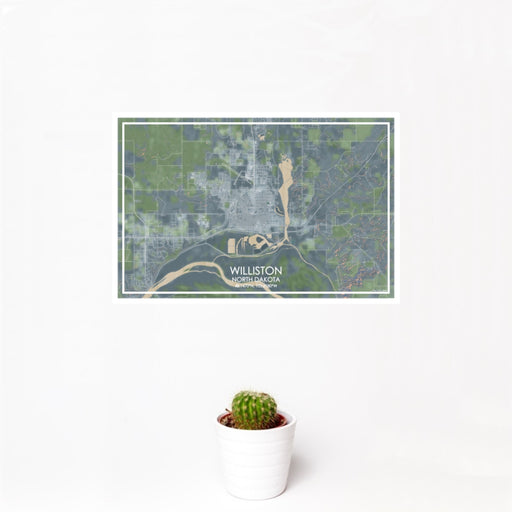 12x18 Williston North Dakota Map Print Landscape Orientation in Afternoon Style With Small Cactus Plant in White Planter