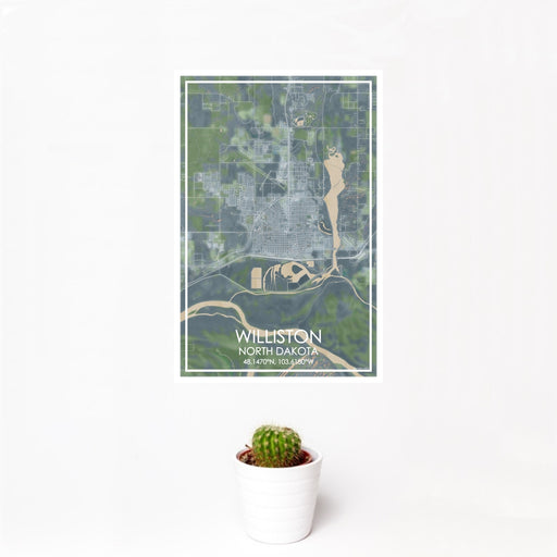 12x18 Williston North Dakota Map Print Portrait Orientation in Afternoon Style With Small Cactus Plant in White Planter