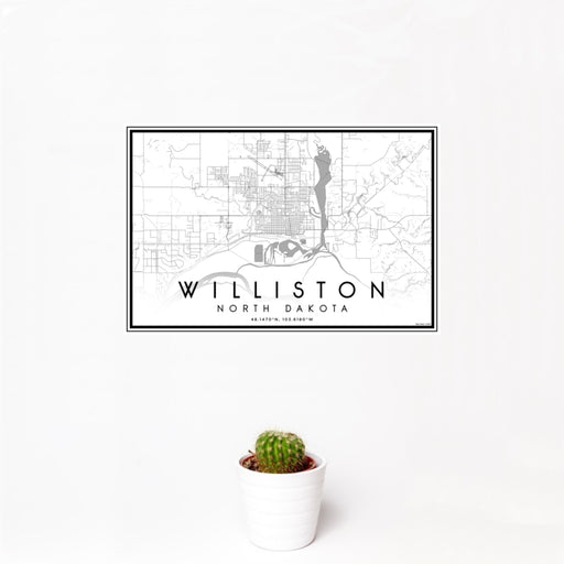 12x18 Williston North Dakota Map Print Landscape Orientation in Classic Style With Small Cactus Plant in White Planter