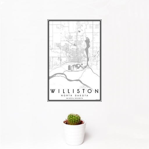 12x18 Williston North Dakota Map Print Portrait Orientation in Classic Style With Small Cactus Plant in White Planter