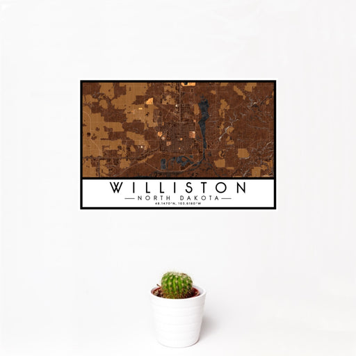 12x18 Williston North Dakota Map Print Landscape Orientation in Ember Style With Small Cactus Plant in White Planter