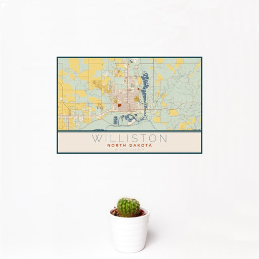 12x18 Williston North Dakota Map Print Landscape Orientation in Woodblock Style With Small Cactus Plant in White Planter