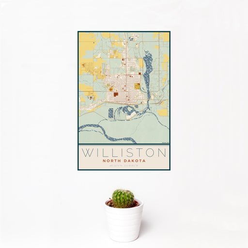 12x18 Williston North Dakota Map Print Portrait Orientation in Woodblock Style With Small Cactus Plant in White Planter