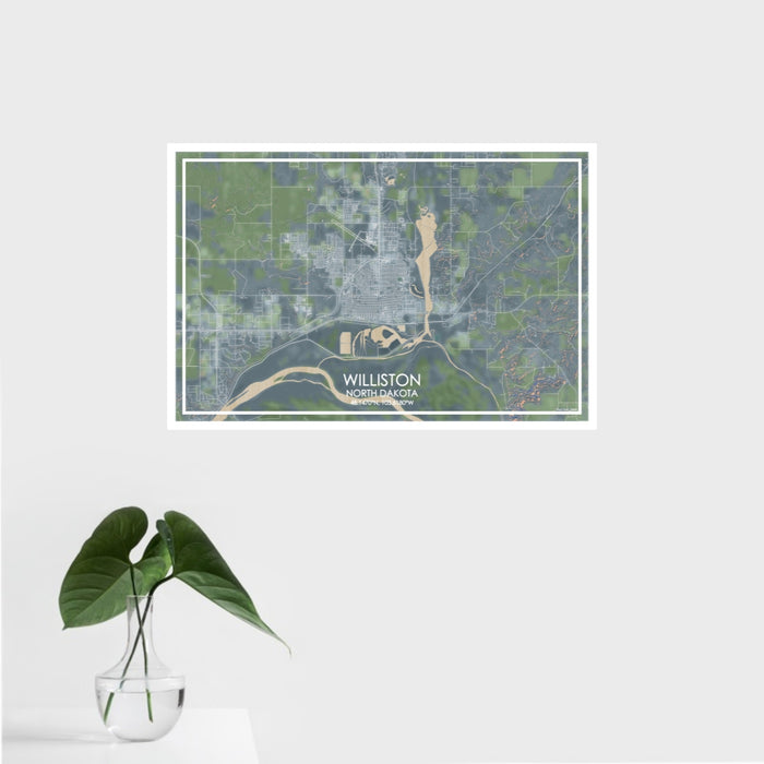 16x24 Williston North Dakota Map Print Landscape Orientation in Afternoon Style With Tropical Plant Leaves in Water