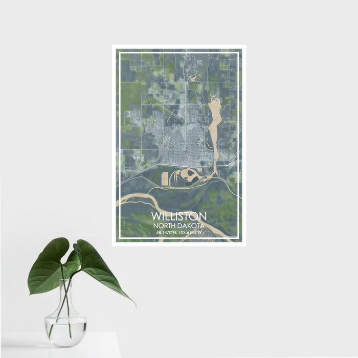 16x24 Williston North Dakota Map Print Portrait Orientation in Afternoon Style With Tropical Plant Leaves in Water