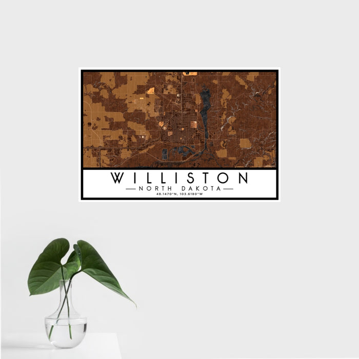 16x24 Williston North Dakota Map Print Landscape Orientation in Ember Style With Tropical Plant Leaves in Water