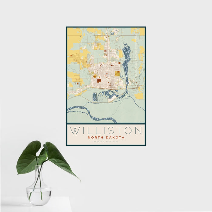 16x24 Williston North Dakota Map Print Portrait Orientation in Woodblock Style With Tropical Plant Leaves in Water
