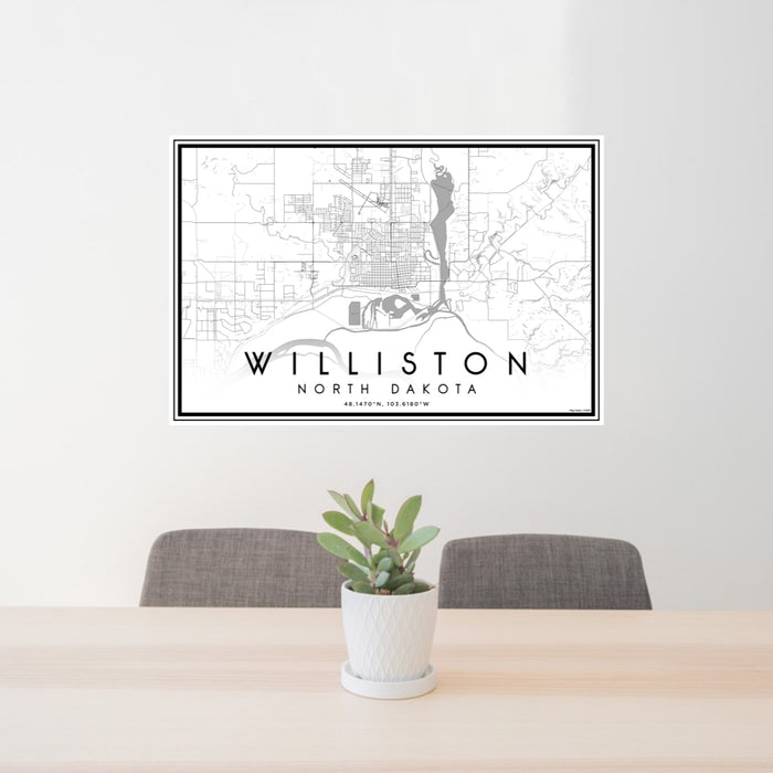 24x36 Williston North Dakota Map Print Lanscape Orientation in Classic Style Behind 2 Chairs Table and Potted Plant