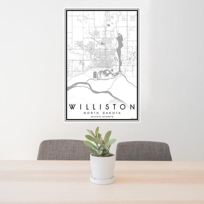 24x36 Williston North Dakota Map Print Portrait Orientation in Classic Style Behind 2 Chairs Table and Potted Plant