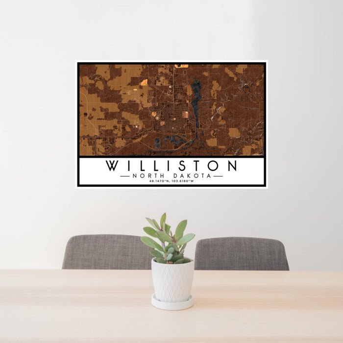 24x36 Williston North Dakota Map Print Lanscape Orientation in Ember Style Behind 2 Chairs Table and Potted Plant
