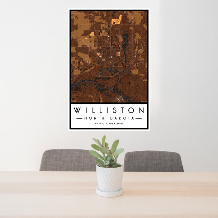 24x36 Williston North Dakota Map Print Portrait Orientation in Ember Style Behind 2 Chairs Table and Potted Plant