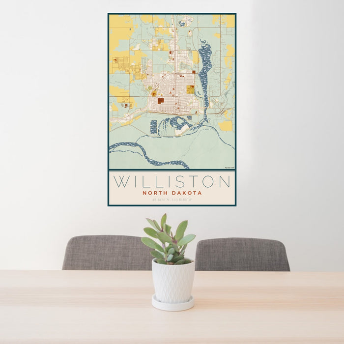 24x36 Williston North Dakota Map Print Portrait Orientation in Woodblock Style Behind 2 Chairs Table and Potted Plant