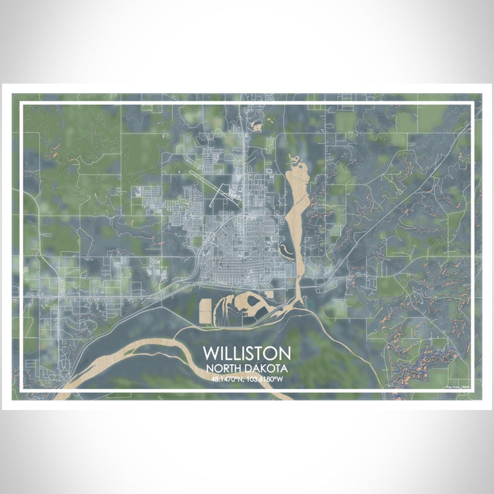 Williston North Dakota Map Print Landscape Orientation in Afternoon Style With Shaded Background