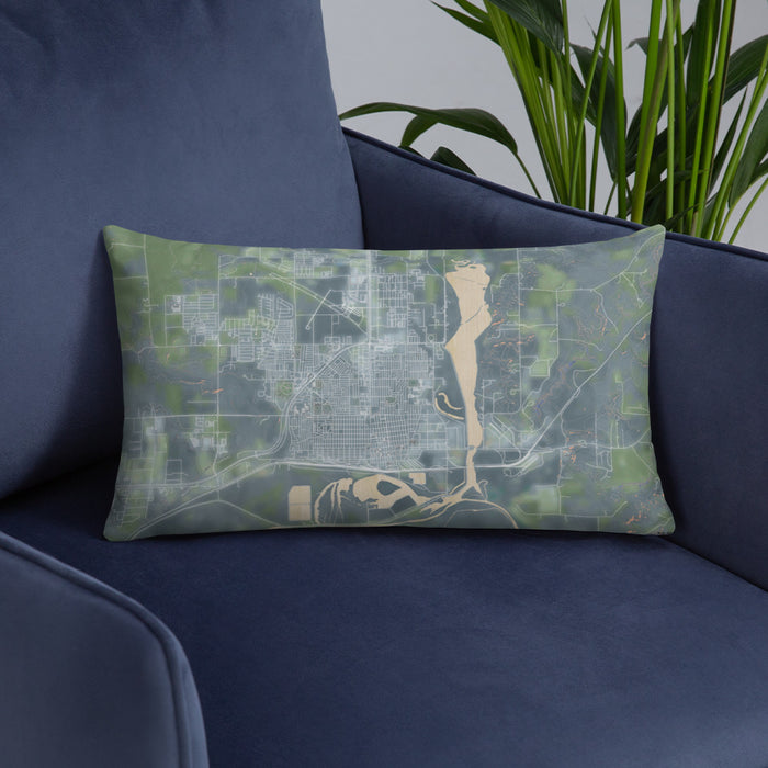 Custom Williston North Dakota Map Throw Pillow in Afternoon on Blue Colored Chair