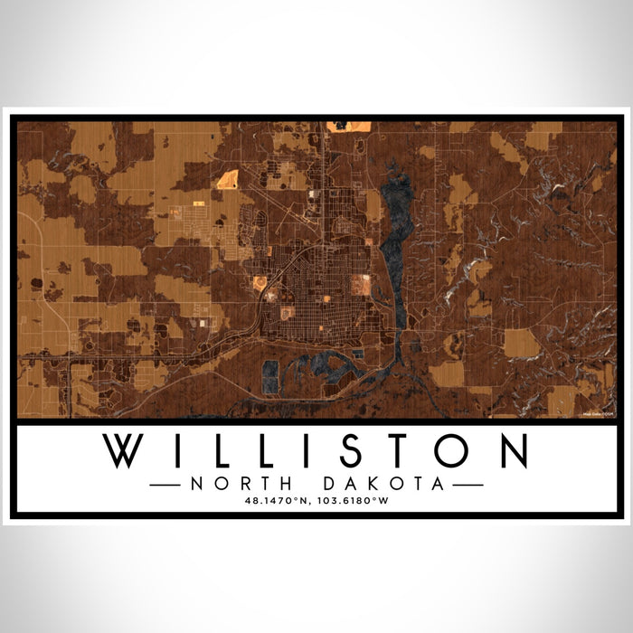 Williston North Dakota Map Print Landscape Orientation in Ember Style With Shaded Background