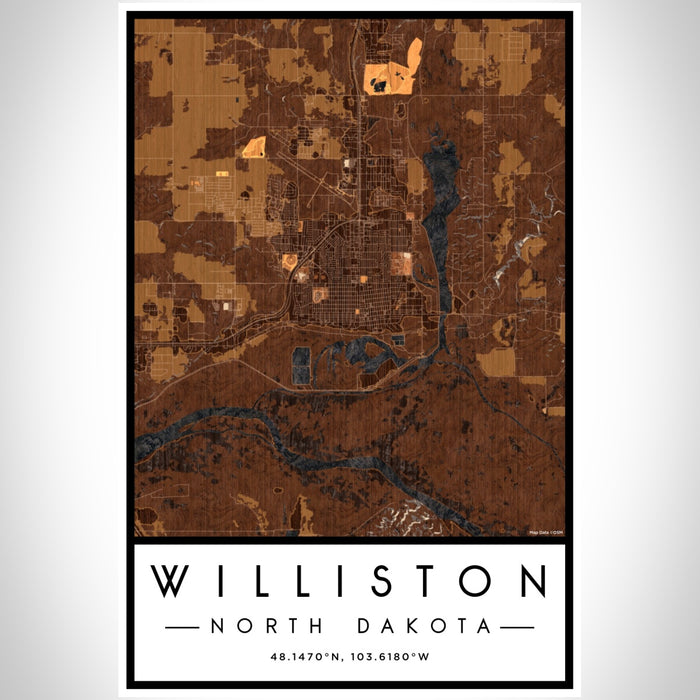 Williston North Dakota Map Print Portrait Orientation in Ember Style With Shaded Background