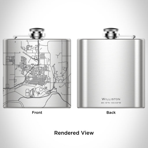 Rendered View of Williston North Dakota Map Engraving on 6oz Stainless Steel Flask