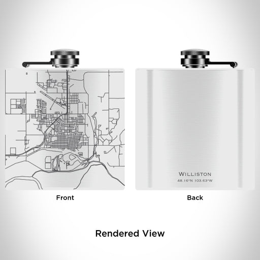 Rendered View of Williston North Dakota Map Engraving on 6oz Stainless Steel Flask in White
