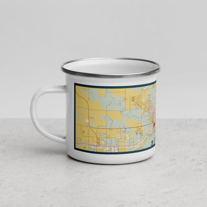 Left View Custom Williston North Dakota Map Enamel Mug in Woodblock