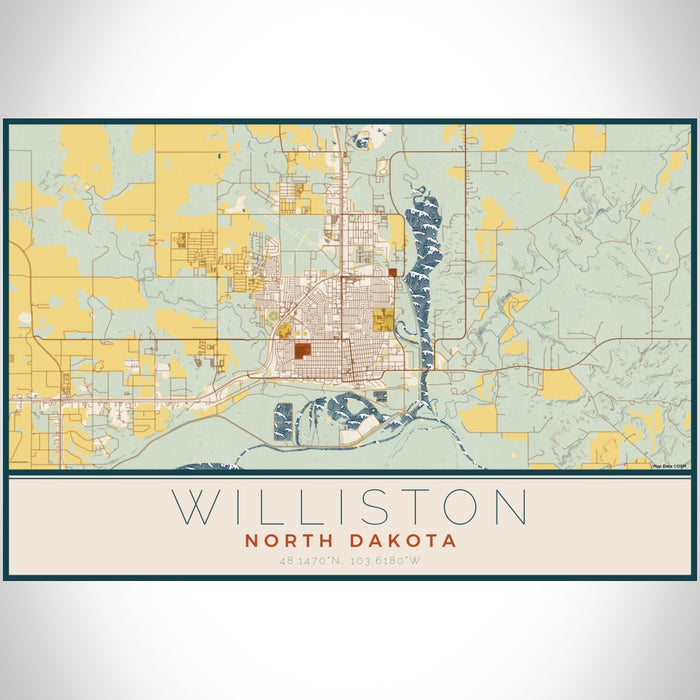 Williston North Dakota Map Print Landscape Orientation in Woodblock Style With Shaded Background